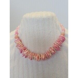 Handmade Pink Shell & Coral w Seed Beaded Fringe Necklace 17 inch- barrel clasp